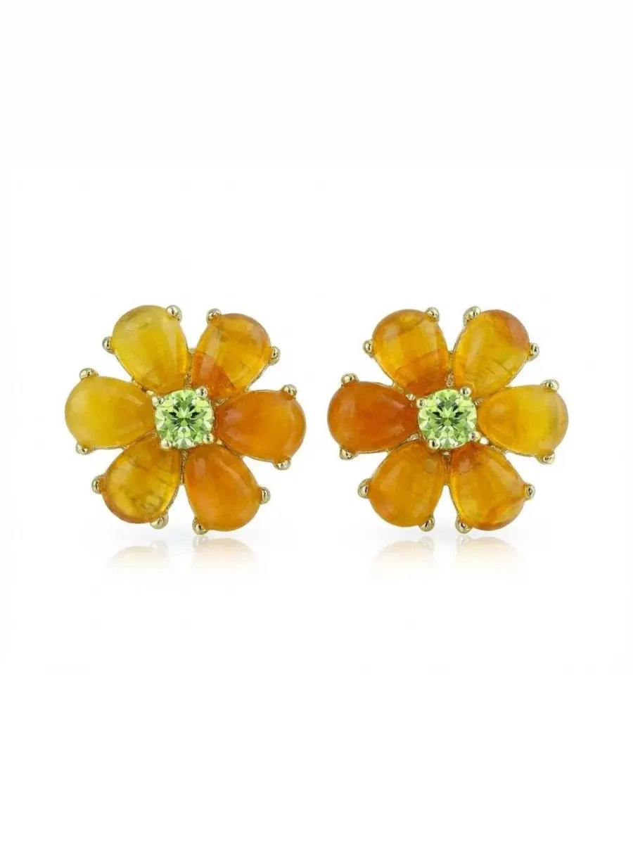Серьги-гвоздики с цветочным принтом, с жадéитом и фианитами, модель Floral CZ Center Jade Flower