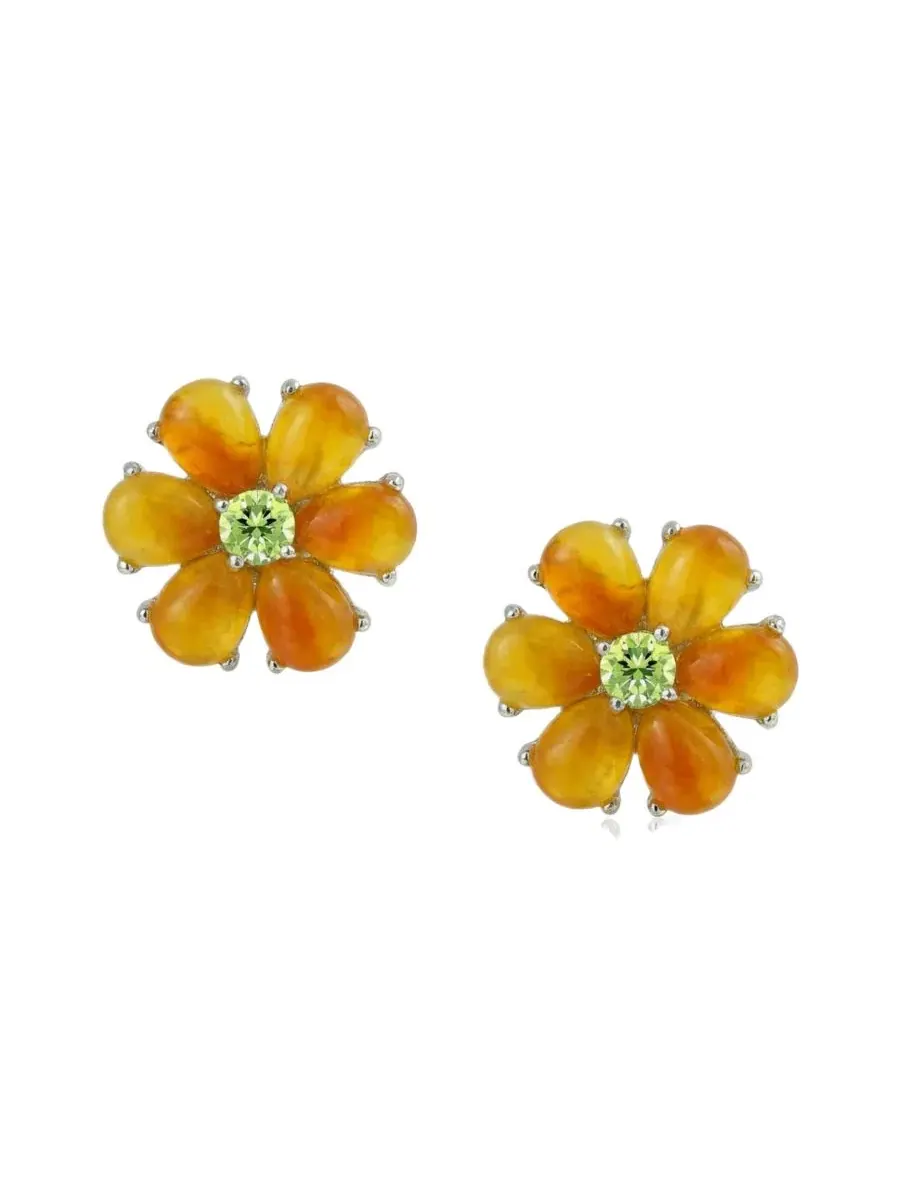 Серьги-гвоздики с цветочным принтом, с жадéитом и фианитами, модель Floral CZ Center Jade Flower — изображение 4 из 5