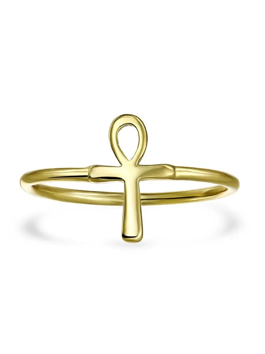 Кольцо с анкхом из серебра с позолотой Bling Jewelry — изображение 2 из 3, оттенок золотистый