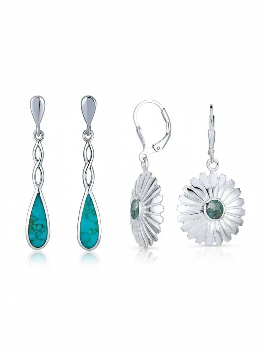 Серьги-подвески из стерлингового серебра с бирюзой, 2 шт, Concho Turquoise Flower and Infinity