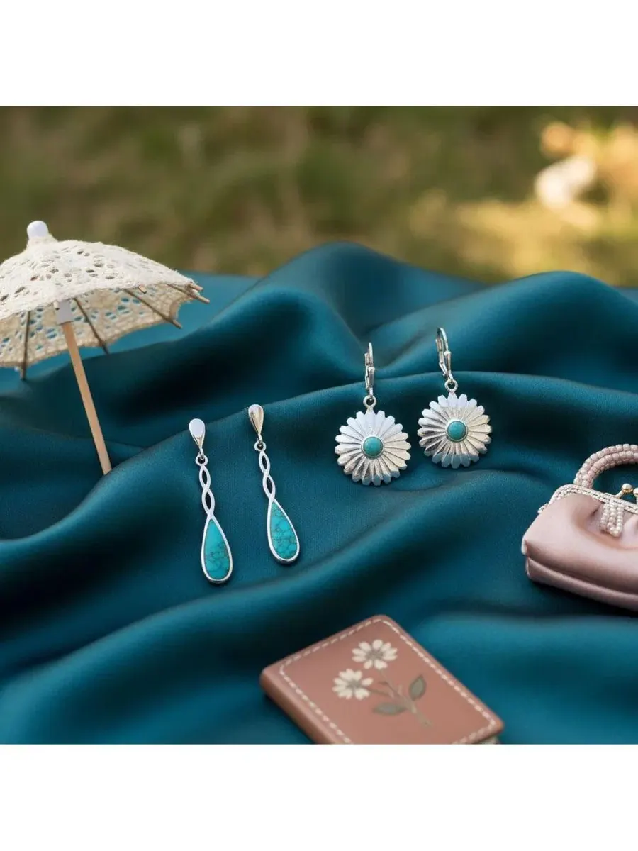 Серьги-подвески из стерлингового серебра с бирюзой, 2 шт, Concho Turquoise Flower and Infinity — изображение 2 из 5