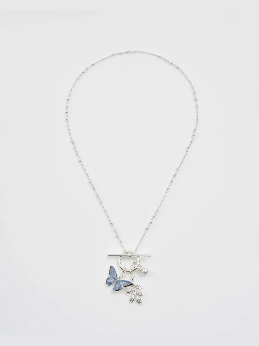 Подвеска-бабочка Blue Butterfly T-bar Necklace Fable England — изображение 2 из 4, оттенок синий серебристый