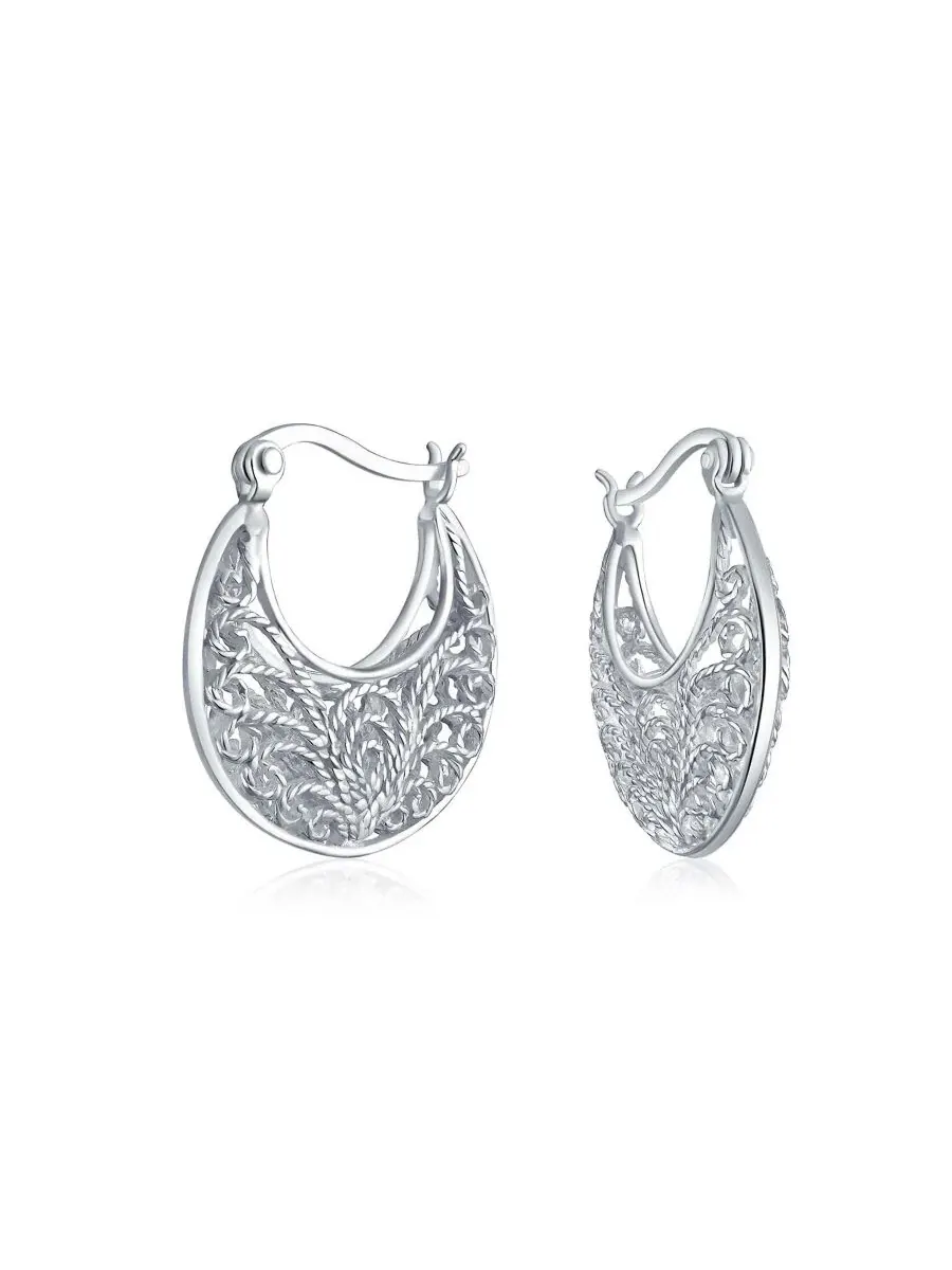 Серьги-кольца из стерлингового серебра с филигранью Boho Bali Style Bling Jewelry