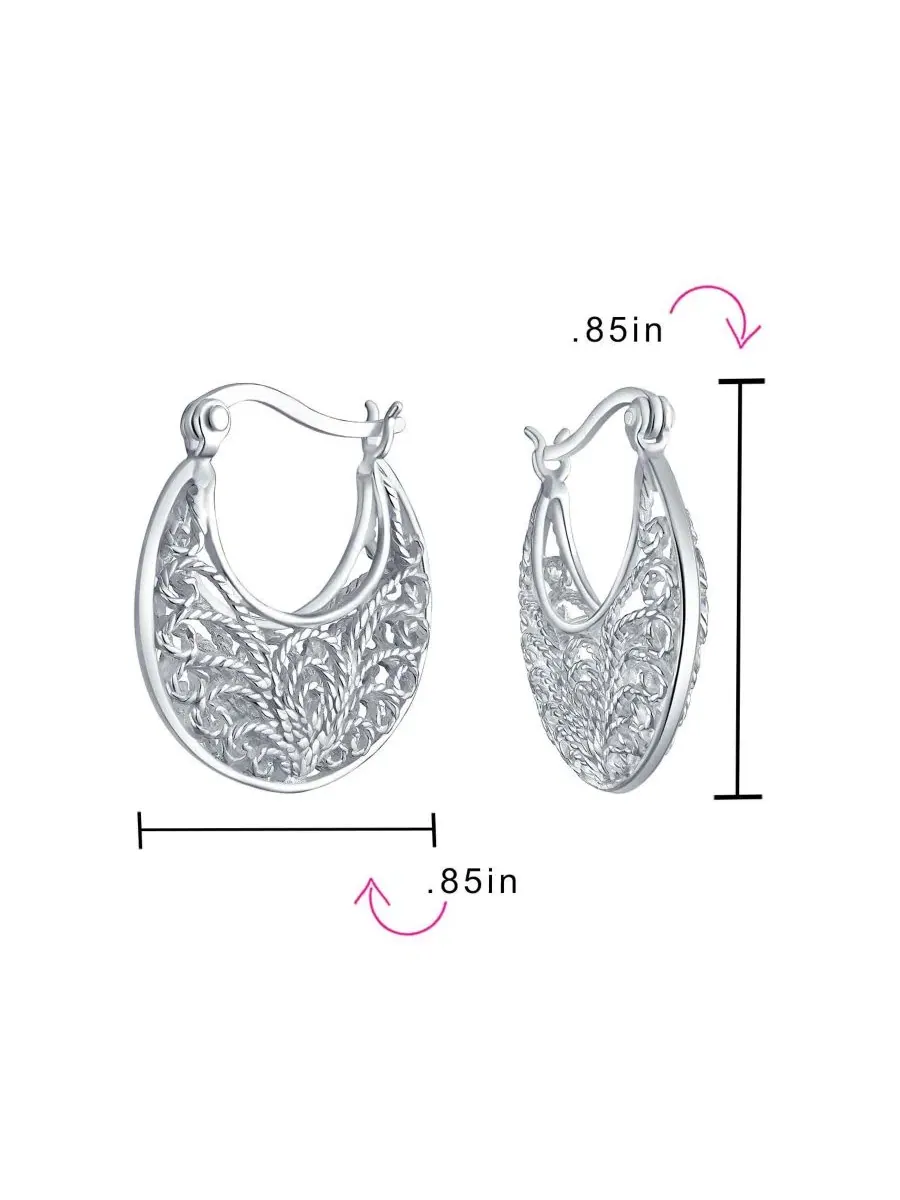 Серьги-кольца из стерлингового серебра с филигранью Boho Bali Style Bling Jewelry — изображение 3 из 4, оттенок серебряный