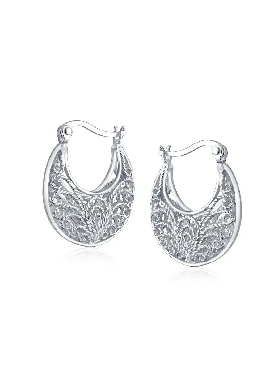 Серьги-кольца из стерлингового серебра с филигранью Boho Bali Style Bling Jewelry — изображение 4 из 4, оттенок серебряный