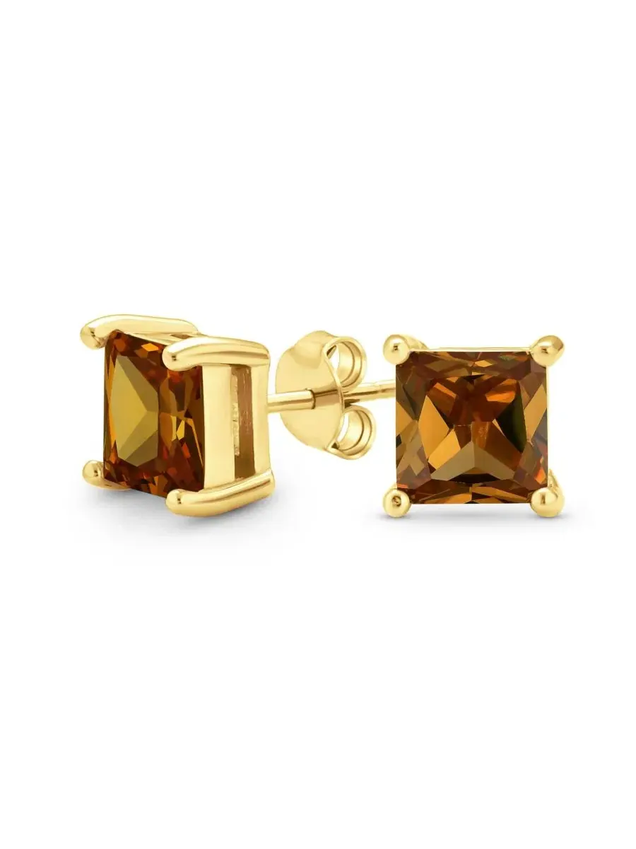 Серьги-пусеты с кубическим цирконием Princess Cut Brown, 7 мм
