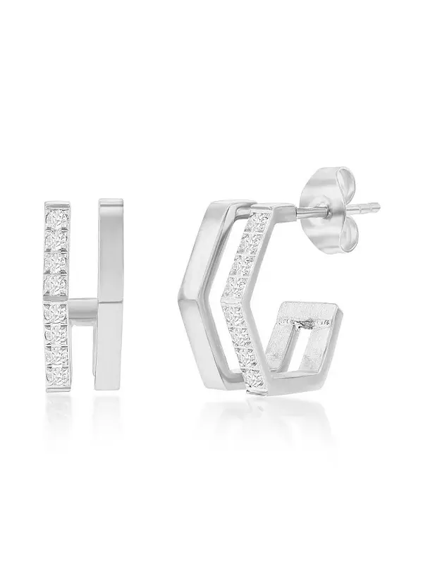 Серьги-Кольца из нержавеющей стали с геометрическими фианитами Metallo
