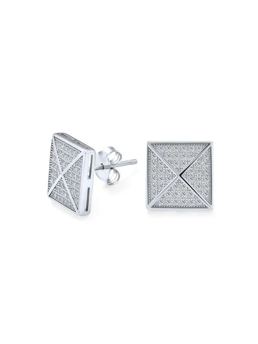 Серьги-гвоздики Geometric Square Pave CZ Pyramid Stud Earrings .925 Sterling Silver 11MM Bling