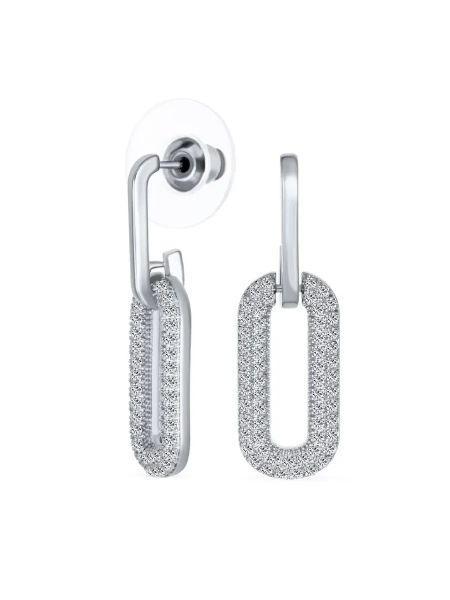 Серьги-подвески из латуни с покрытием родием и фианитами, модель Geometric Vertical U Oval Micro — изображение 1 из 4