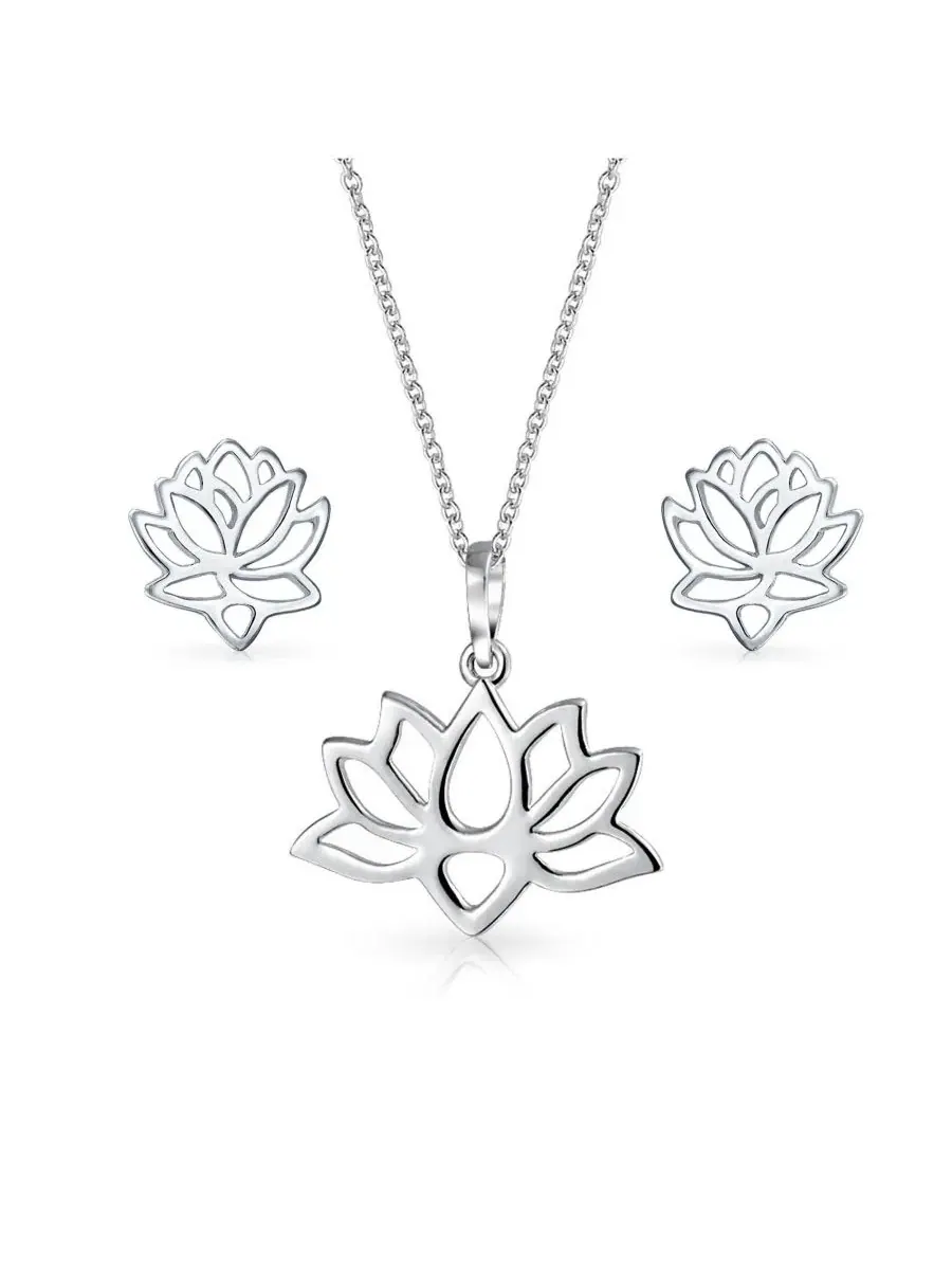 Комплект украшений с подвеской-лотосом и серьгами-гвоздиками, модель Open Lily Flower Zen Lotus