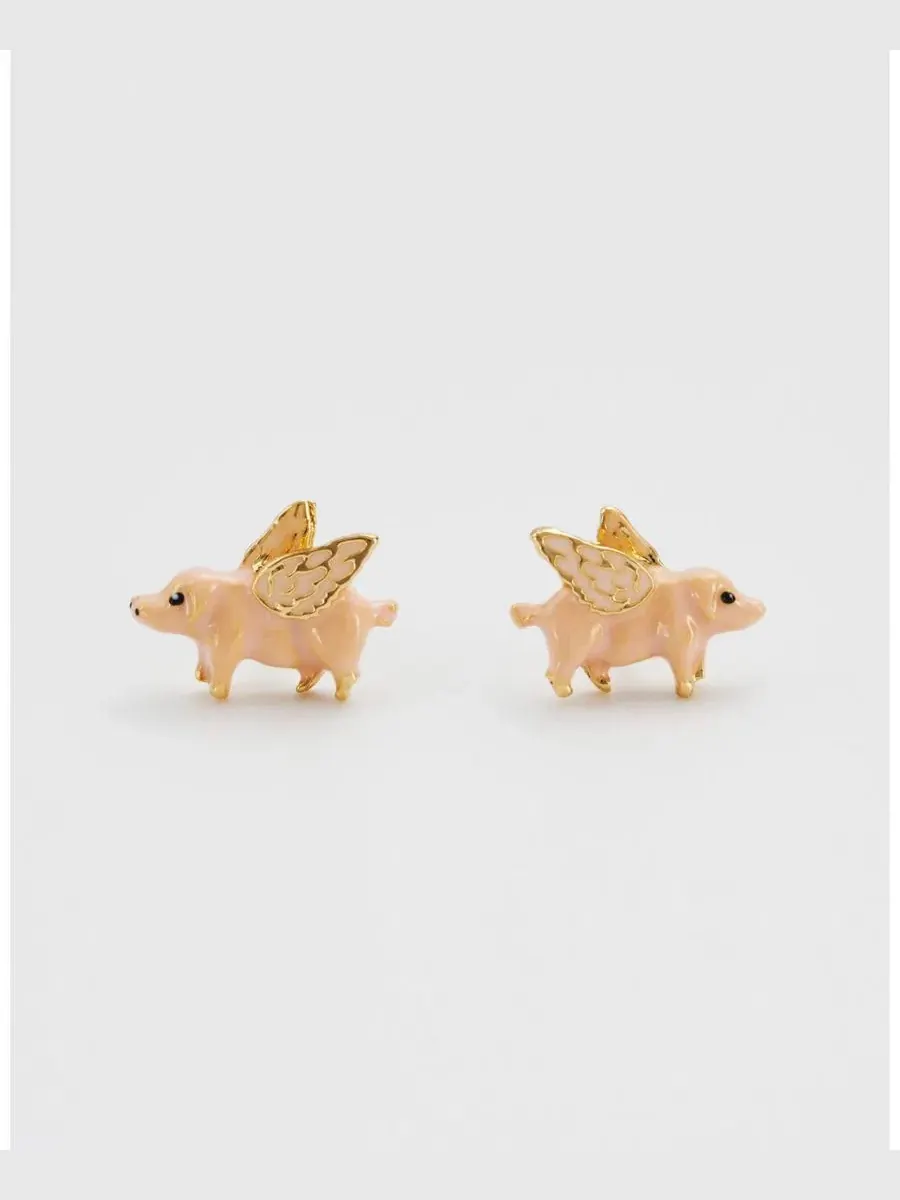 Серьги-пусеты с эмалью и позолотой, модель Flying Pig Fable England
