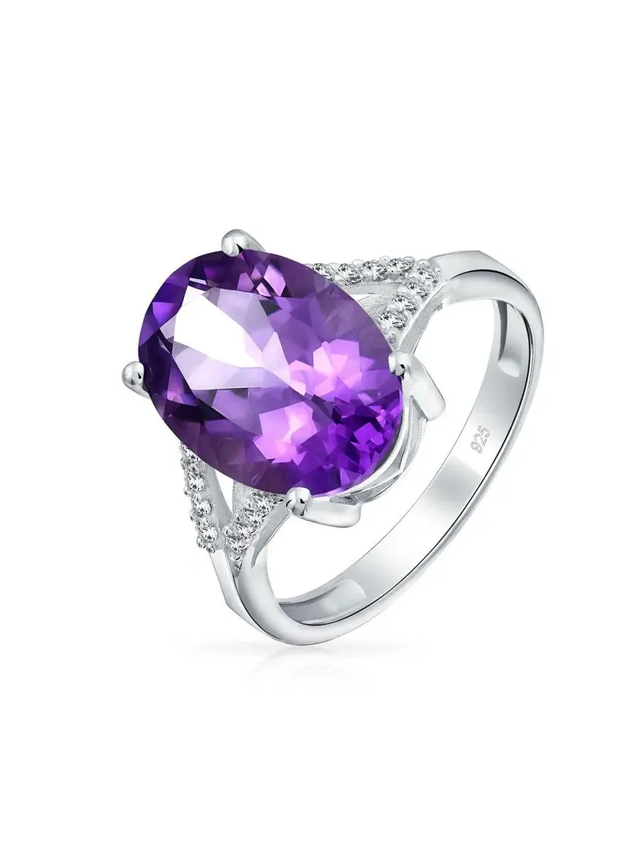 Кольцо с фиолетовым аметистом, цирконием и серебром 925 пробы, модель Classic Oval Gemstone Halo — изображение 2 из 3