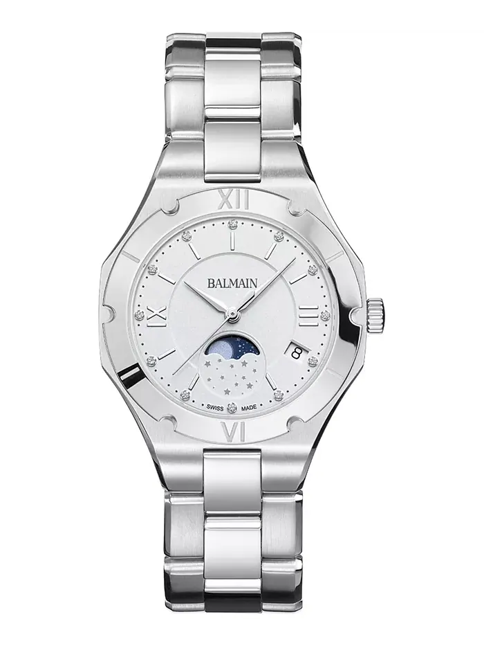 Женские часы Swiss Be Balmain Moonphase Diamond (1/20 ct. t.w.) на стальном браслете, 33 мм — изображение 1 из 4