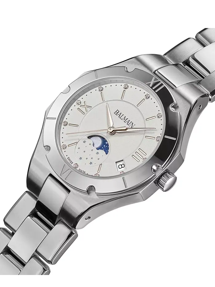Женские часы Swiss Be Balmain Moonphase Diamond (1/20 ct. t.w.) на стальном браслете, 33 мм — изображение 2 из 4
