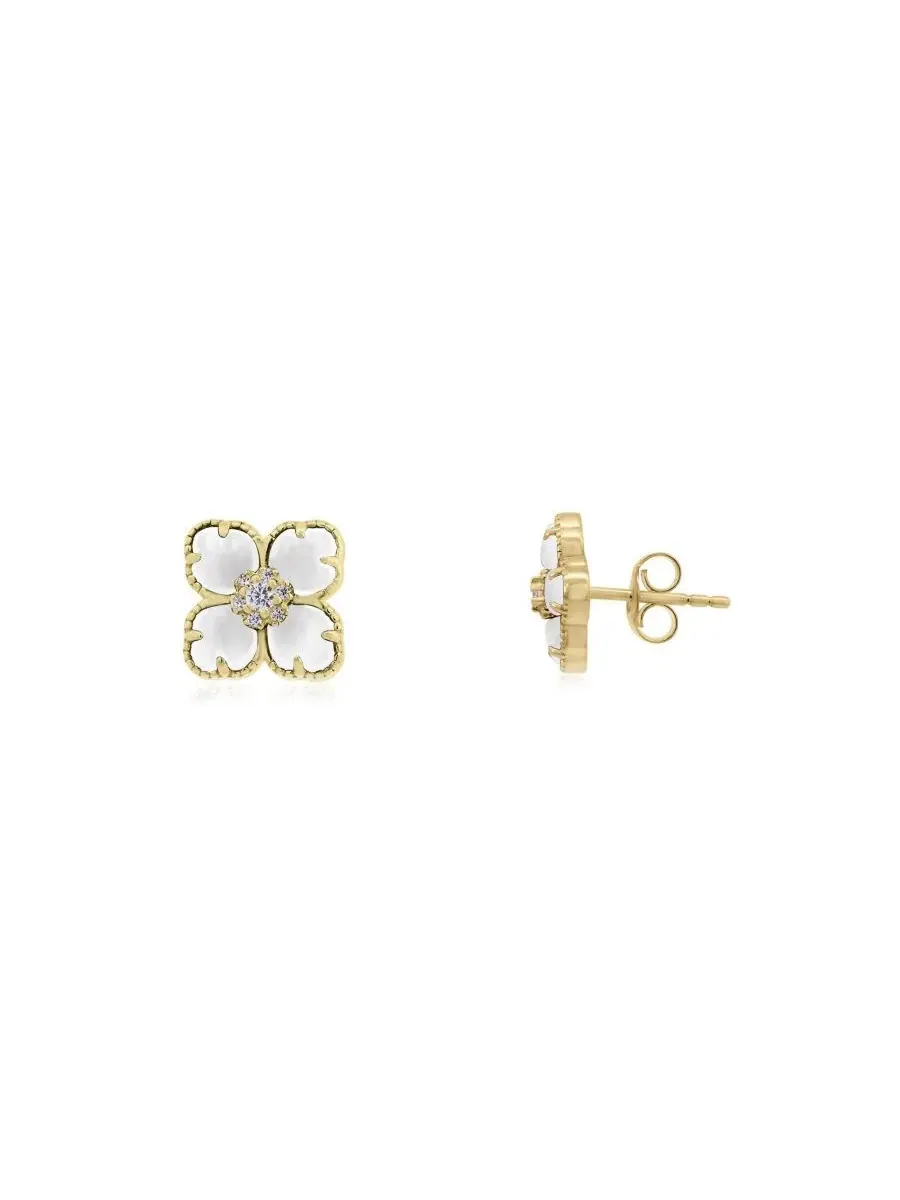 Серьги-гвоздики с цветком из перламутра и фианитами, 14K золотое покрытие, стерлинговое серебро The