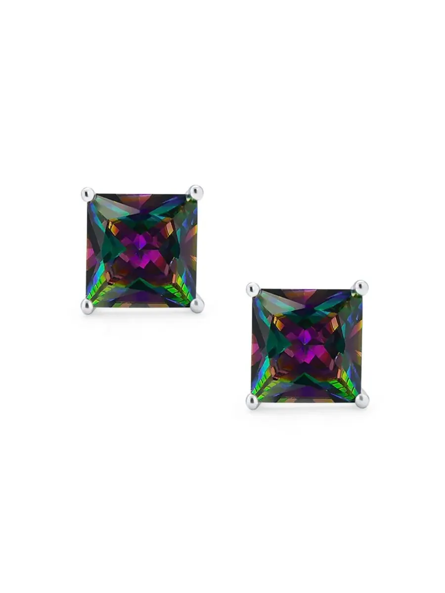 Серьги-пусеты из стерлингового серебра с кубическим цирконием Mystic Rainbow Square Princess Cut CZ — изображение 2 из 3
