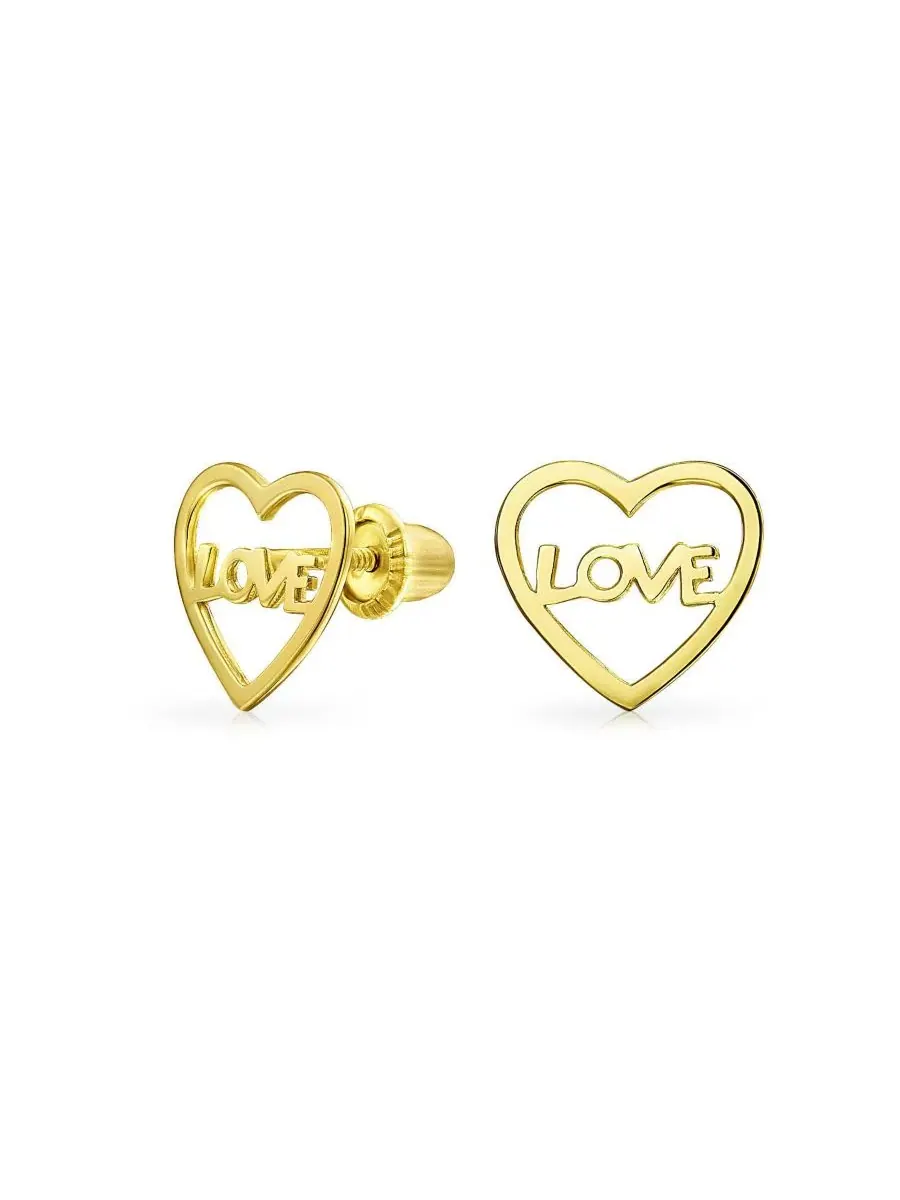 Серьги-пусеты с надписью Love и сердцем, 14K желтое золото Bling Jewelry