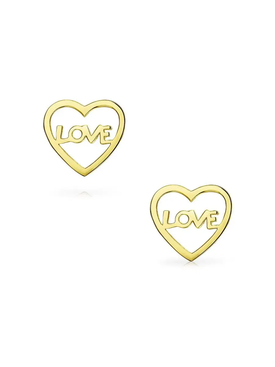 Серьги-пусеты с надписью Love и сердцем, 14K желтое золото Bling Jewelry — изображение 2 из 5