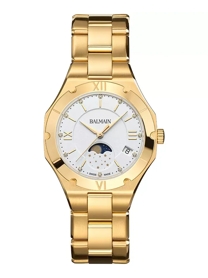 Женские часы Swiss Be Balmain Moonphase Diamond (1/20 ct. t.w.) с бриллиантами, позолоченные PVD — изображение 1 из 4
