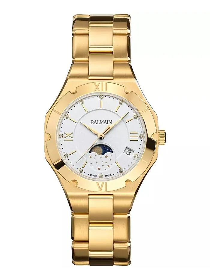 Женские швейцарские часы Be Balmain Moonphase Diamond (1/20 карата) с золотым браслетом из — желтый