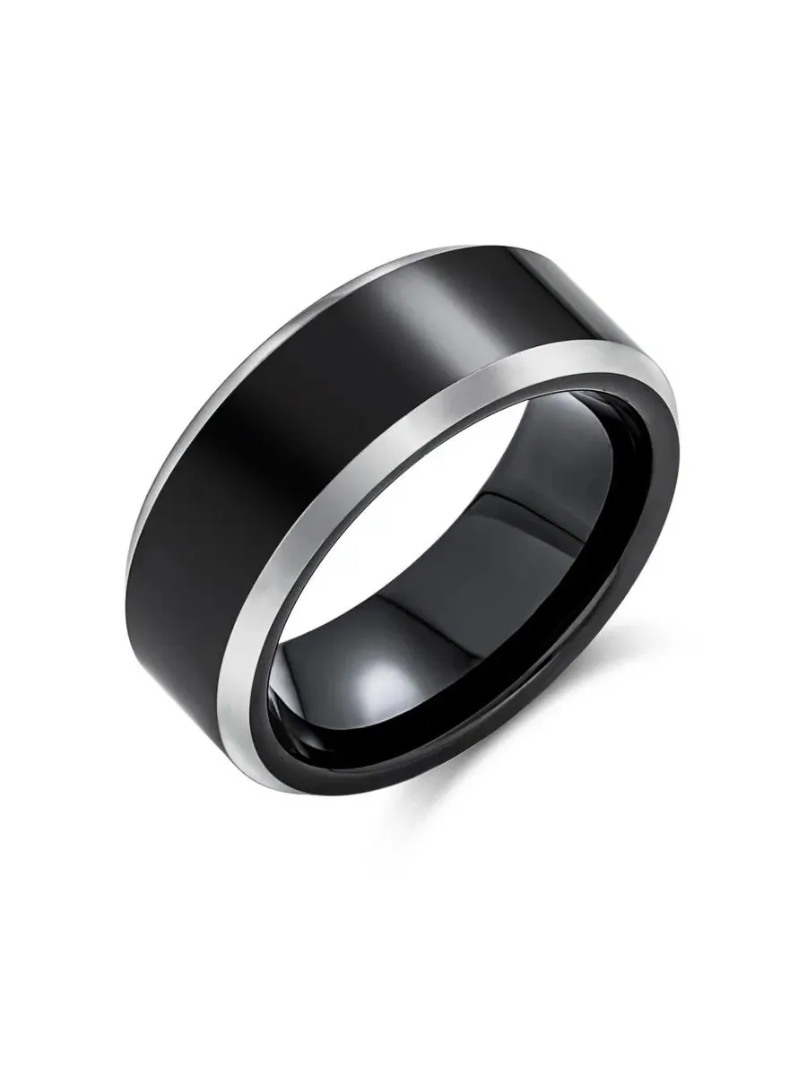 Обручальное кольцо из карбида титана с фаской Classic Black Titanium Wedding Band Ring Two Tone
