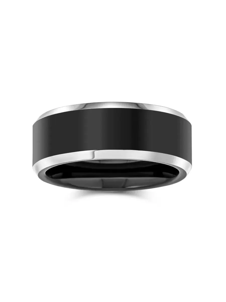 Обручальное кольцо из карбида титана с фаской Classic Black Titanium Wedding Band Ring Two Tone — изображение 2 из 3