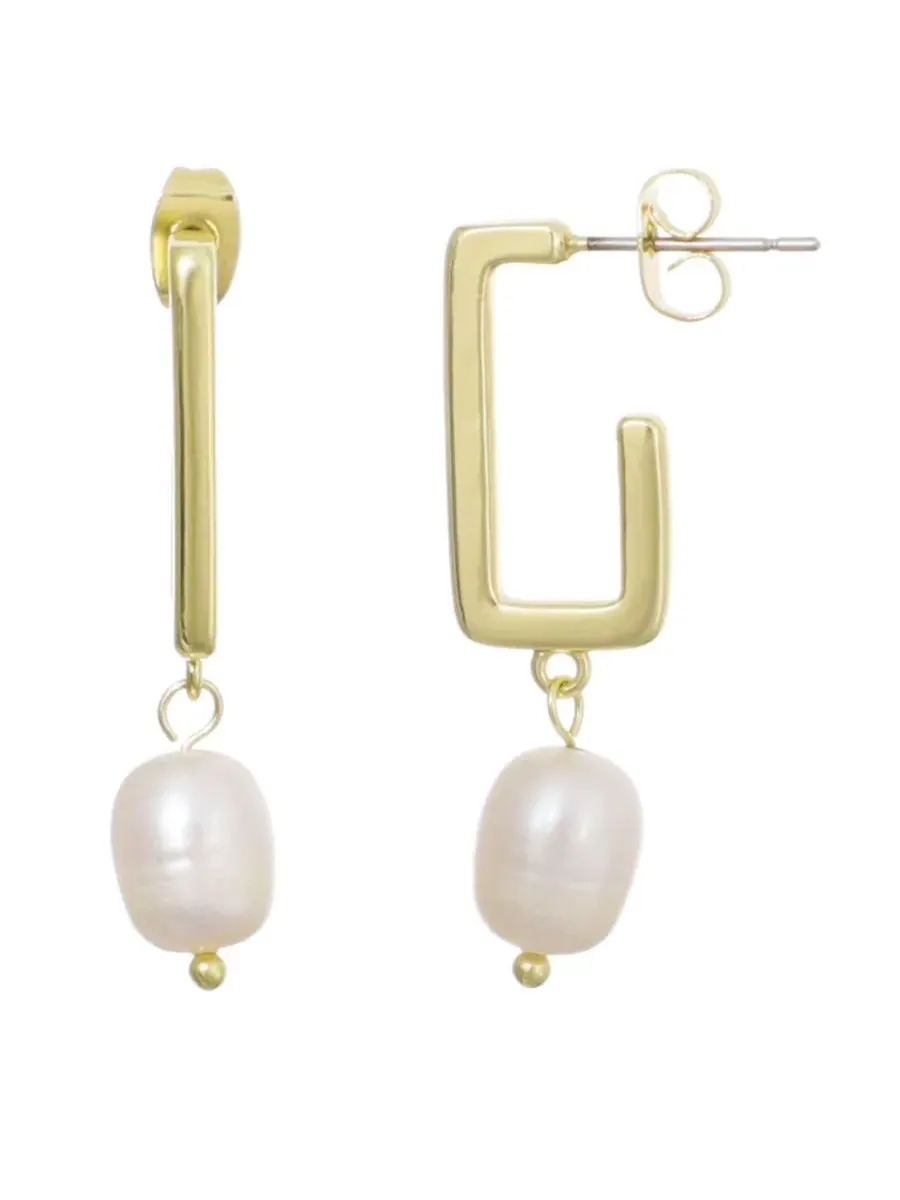 Серьги-подвески с жемчугом Natural Freshwater Pearl Rectangle Drop ADORNIA — изображение 2 из 4, оттенок золотистый/белый