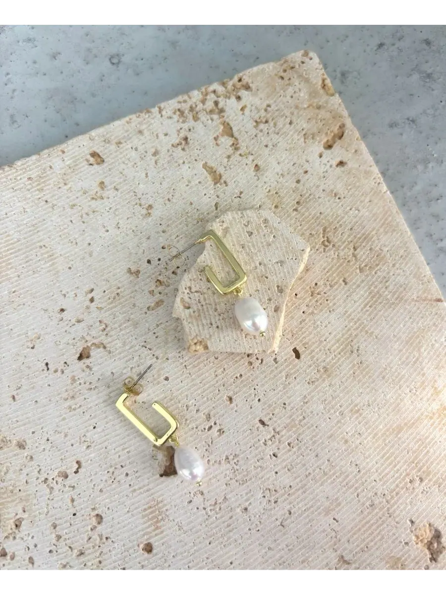 Серьги-подвески с жемчугом Natural Freshwater Pearl Rectangle Drop ADORNIA — изображение 4 из 4, оттенок золотистый/белый