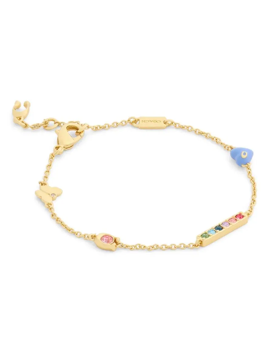 Браслет на цепочке с шармами, модель Faux-Stone Signature C Enamel Heart Charm COACH — изображение 2 из 3, оттенок золото