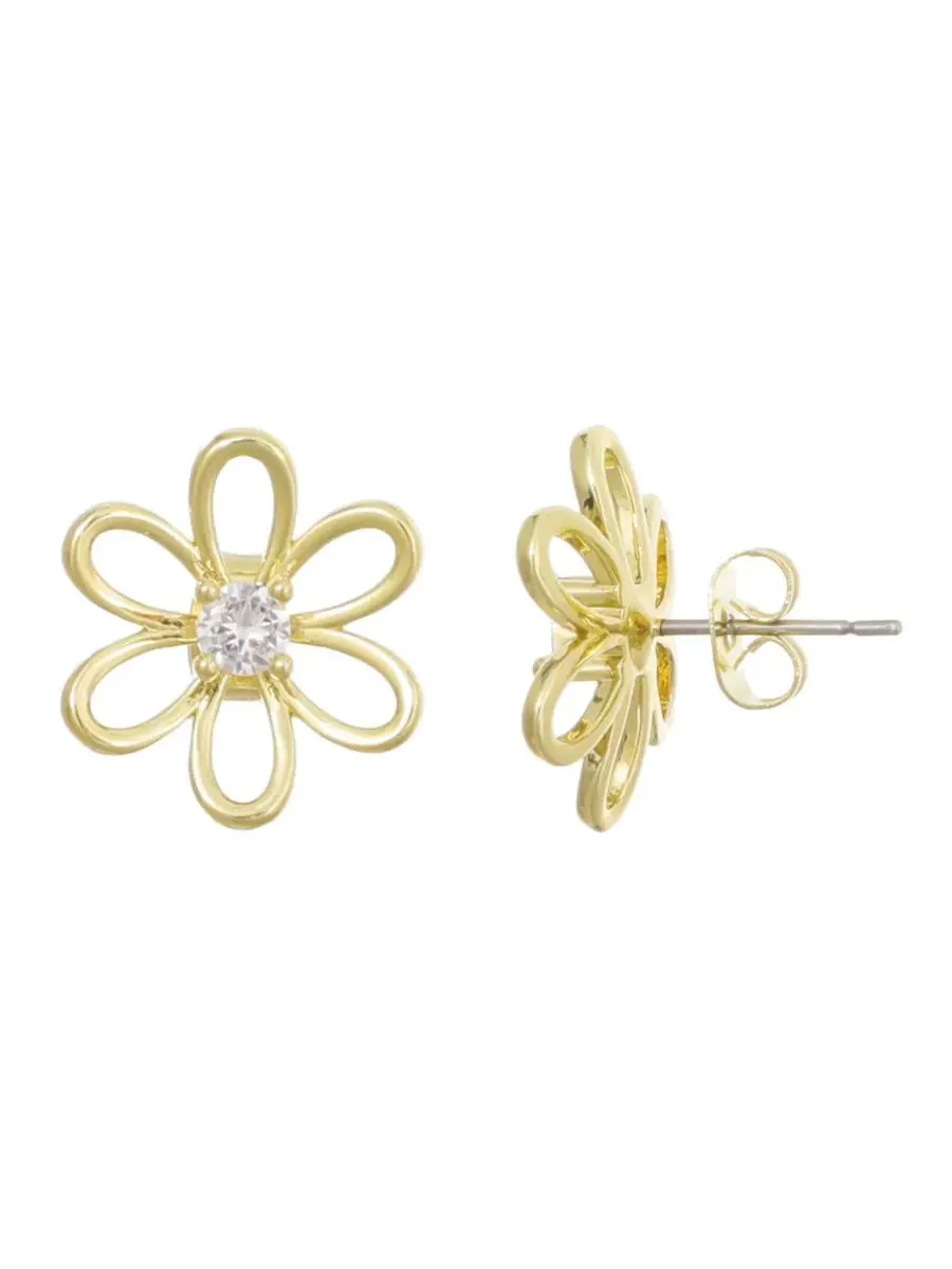 Серьги-гвоздики с цветком и фианитами, 14K позолота ADORNIA — изображение 2 из 4, оттенок золото