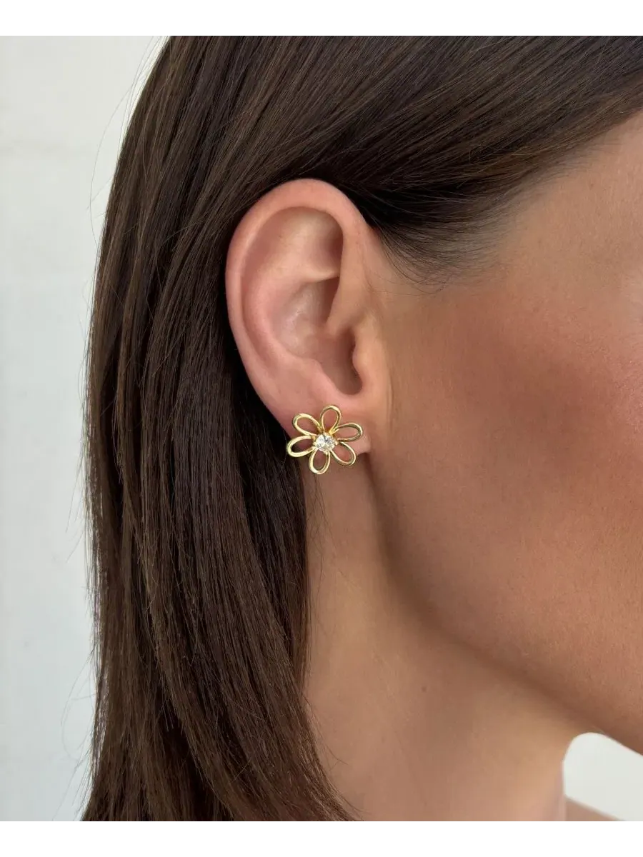 Серьги-гвоздики с цветком и фианитами, 14K позолота ADORNIA — изображение 3 из 4, оттенок золото