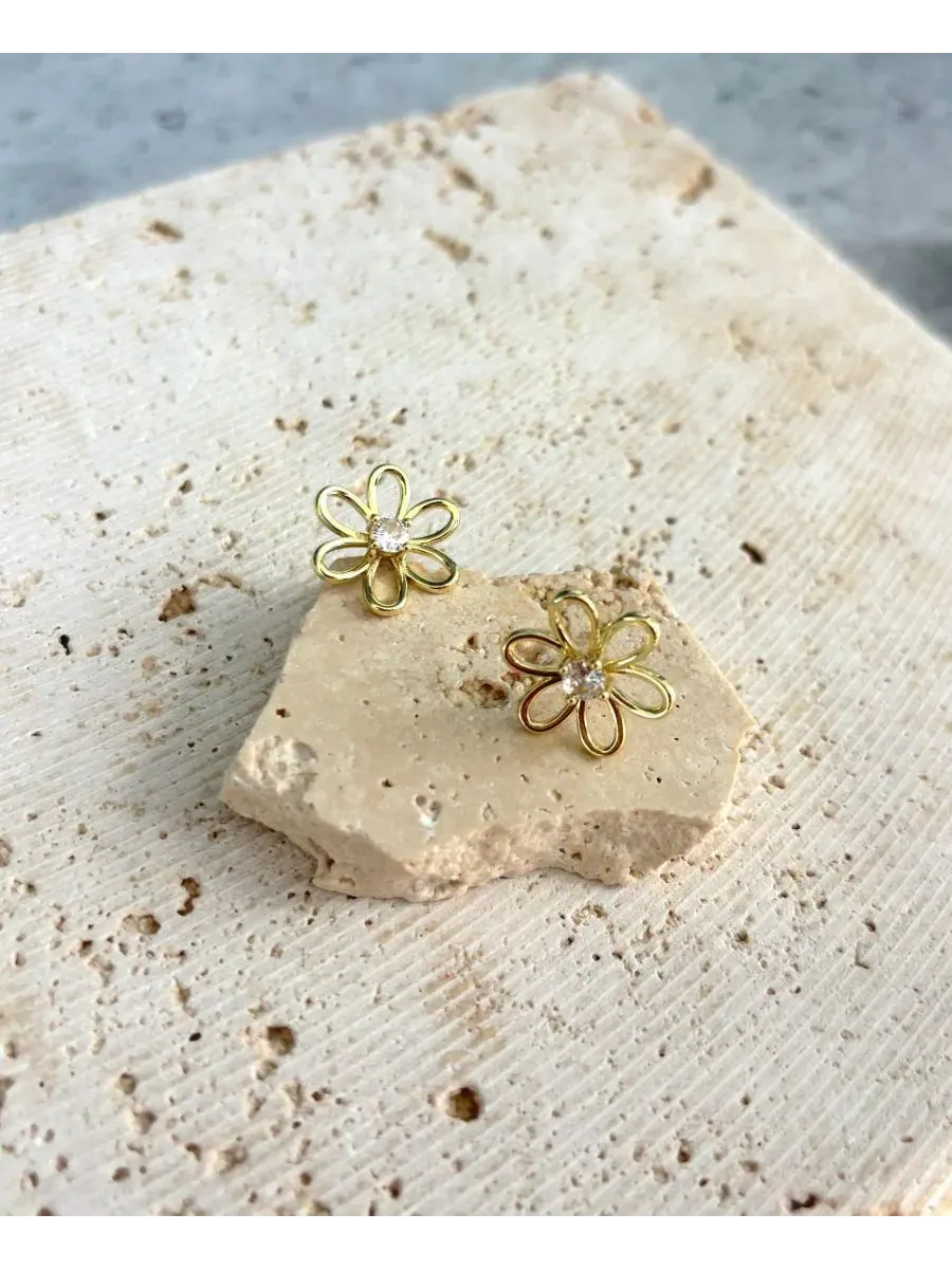 Серьги-гвоздики с цветком и фианитами, 14K позолота ADORNIA — изображение 4 из 4, оттенок золото