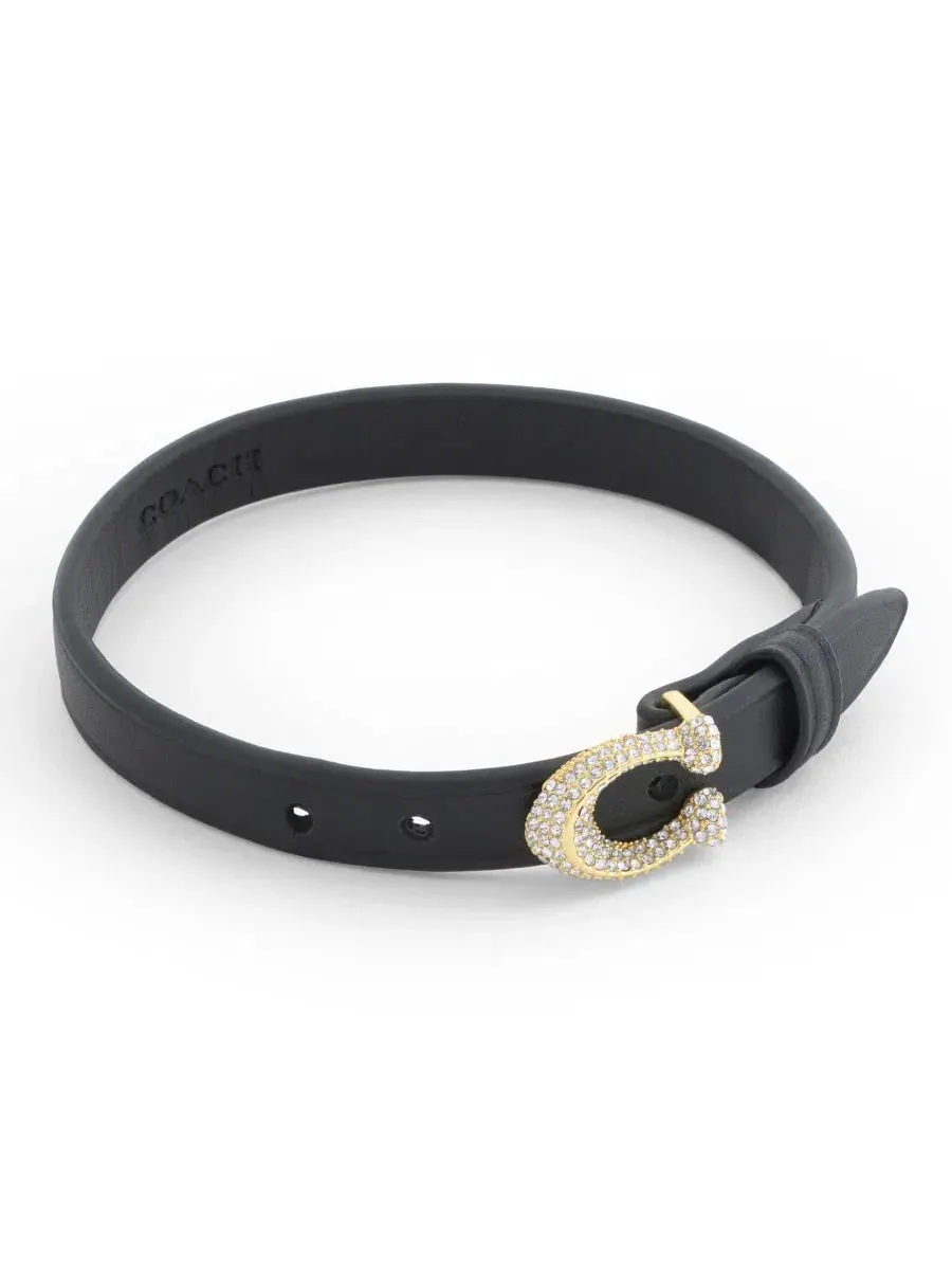 Браслет из кожи с кристаллами и фирменной пряжкой C Black Pavé Signature C Buckle Leather COACH
