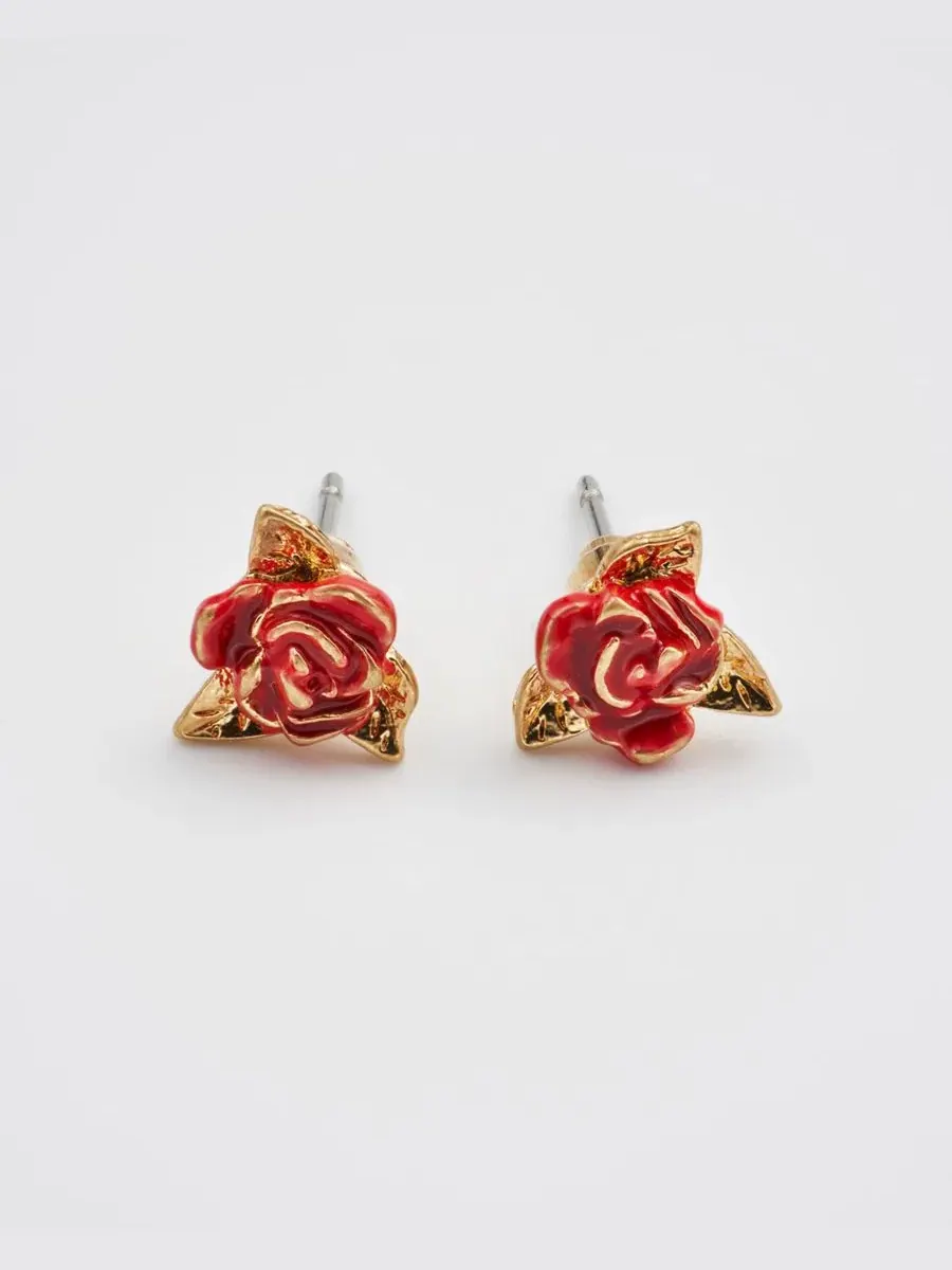 Серьги-гвоздики с красной эмалевой розой Gold English Rose Fable England
