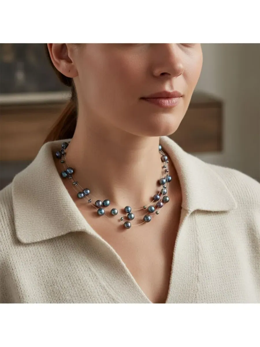 Ожерелье-колье многослойное с жемчугом Bling Jewelry — изображение 3 из 3, оттенок черный