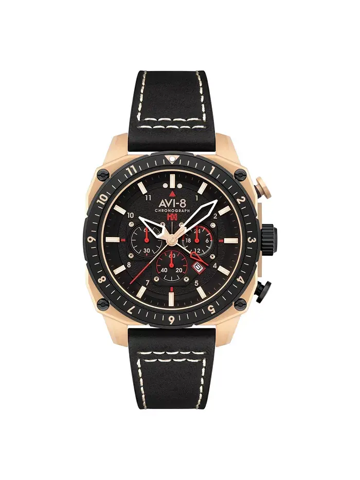 Мужские часы Hawker Hunter Atlas Dual-Time Chronograph с черным кожаным ремешком, 44 мм AVI-8