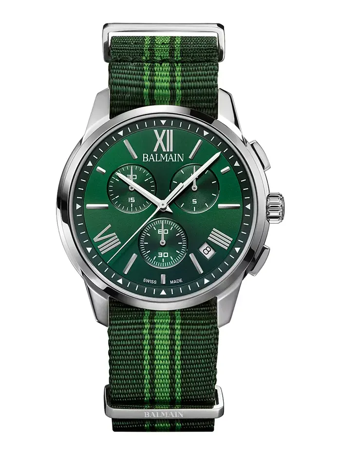 Мужские часы Swiss Chronograph Madrigal с темно-зеленым полосатым ремешком NATO, 42 мм Balmain