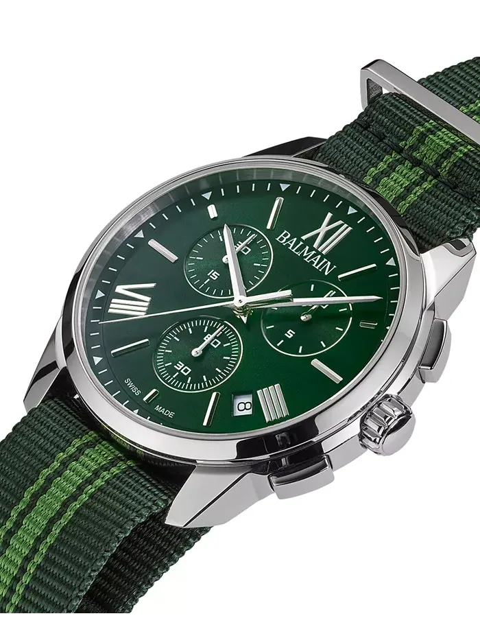 Мужские часы Swiss Chronograph Madrigal с темно-зеленым полосатым ремешком NATO, 42 мм Balmain — изображение 2 из 5