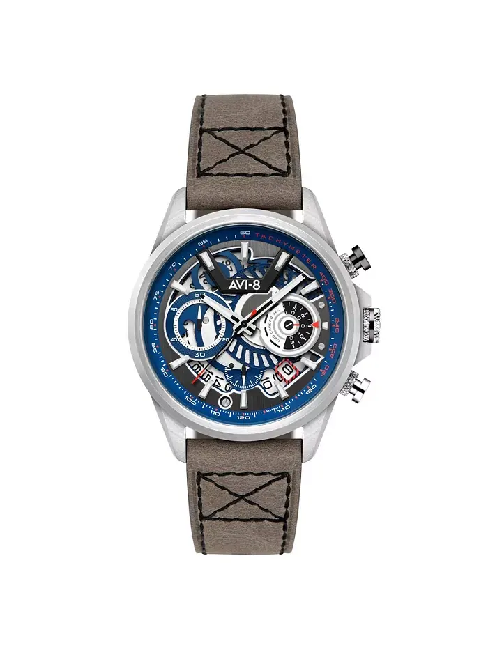 Мужские часы Hawker Harrier Matador Chronograph с серым кожаным ремешком, 44 мм AVI-8