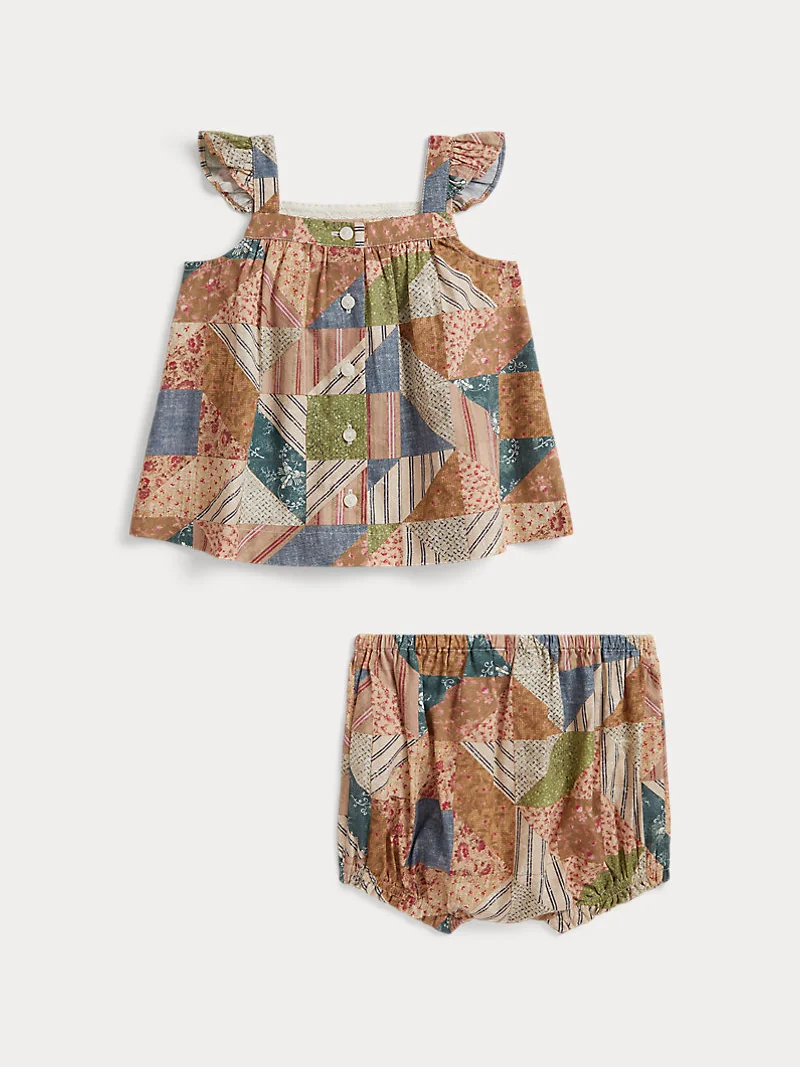Комплект: топ и шорты-бумеры из хлопка с принтом пэчворк — 2