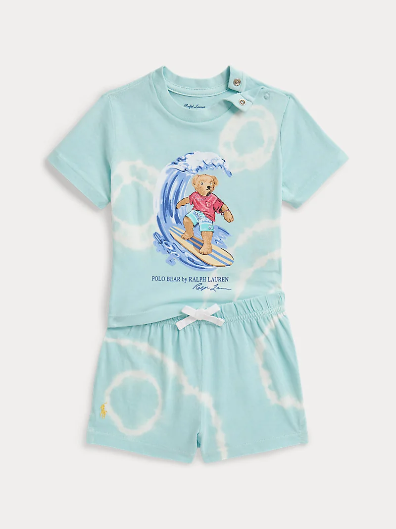 Комплект футболка Polo Bear тай-дай и шорты бирюзовый — 1