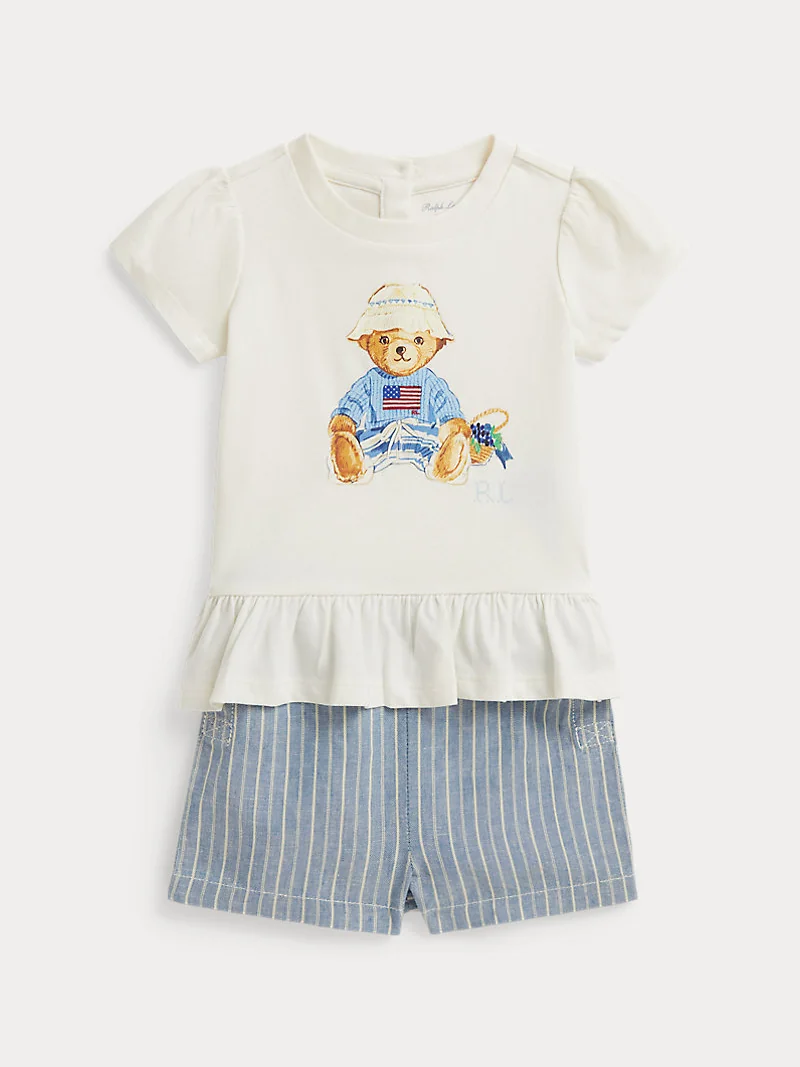 Комплект футболка Polo Bear и лляные шорты белый — 1