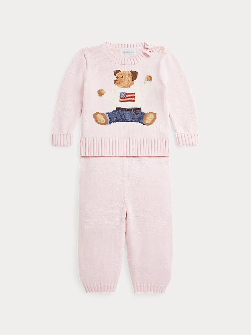 Вязаный комплект свитер и брюки Polo Bear розовый — 1