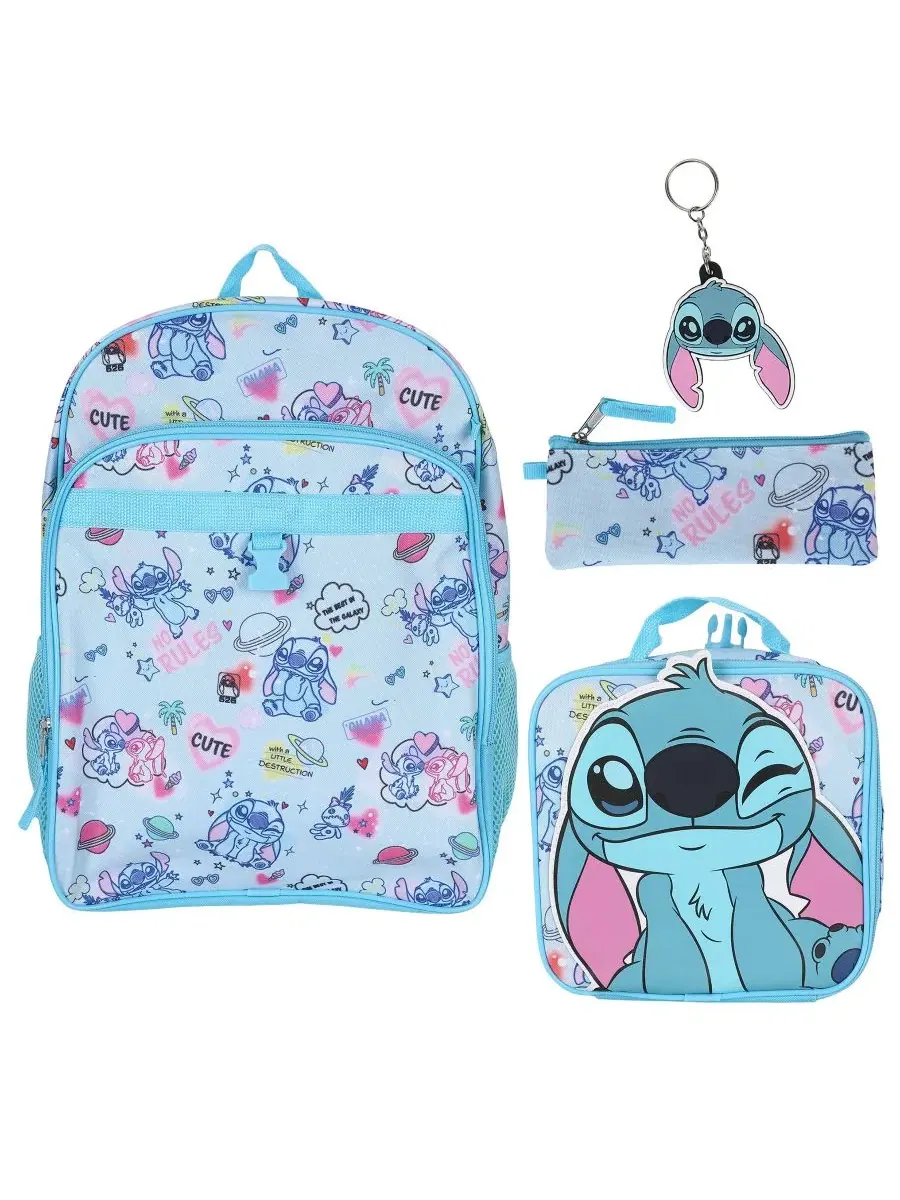Детский рюкзак с принтом, с ланч-боксом, брелоком и пеналом, 4 предмета Stitch — синий