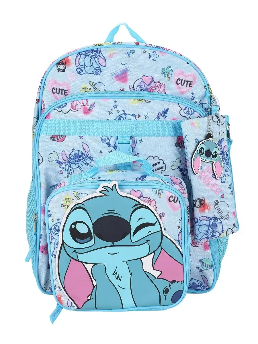 Детский рюкзак с принтом, с ланч-боксом, брелоком и пеналом, 4 предмета Stitch — изображение 3 из 6, синий