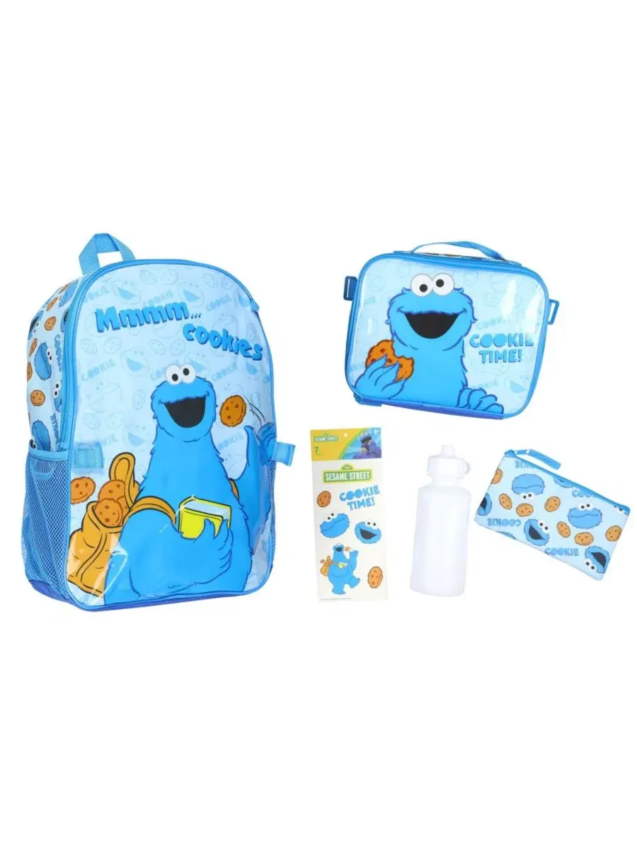 Рюкзак Cookie Monster 5-в-1 с ланч-боксом, бутылкой для воды, пеналом и наклейками Sesame Street