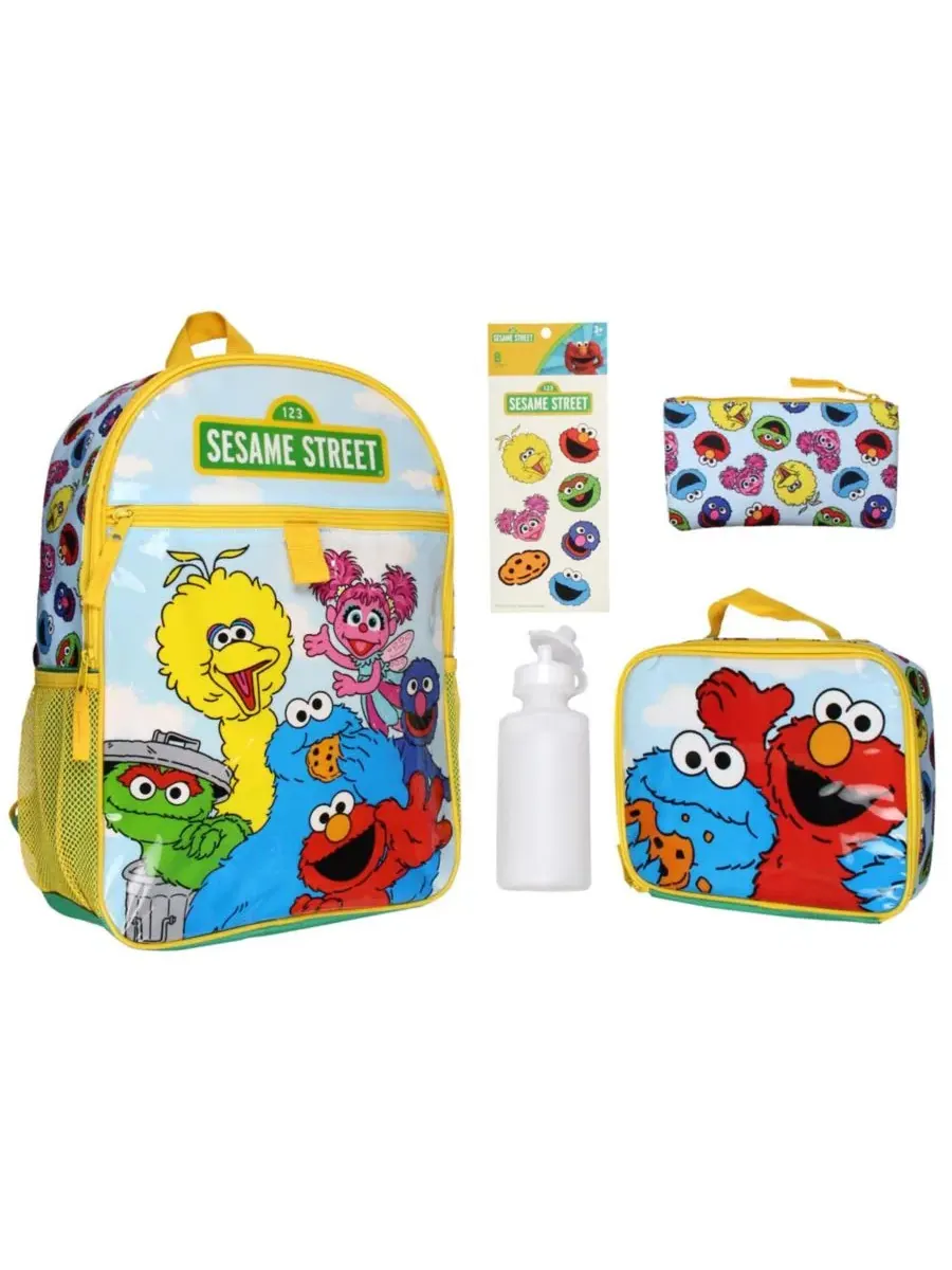 Детский рюкзак с ланч-боксом, пеналом, бутылкой и наклейками, Group Cookie Monster Elmo Big Bird