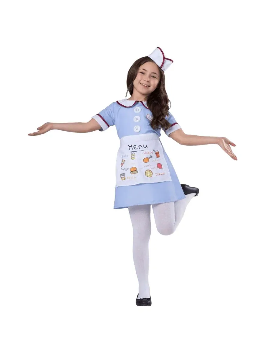 Костюм официантки с фартуком и шляпой, модель Diner Waitress Dress Up America — синий