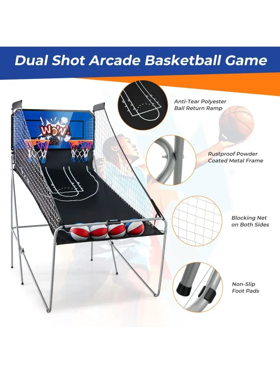 Настольный баскетбольный аркадный автомат Dual Shot с 8 игровыми режимами и 4 мячами GOUUN — изображение 6 из 10, синий