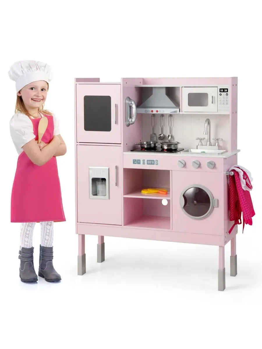 Игровая кухня для детей с 16 предметами и аксессуарами - розовая Mecale — розовый